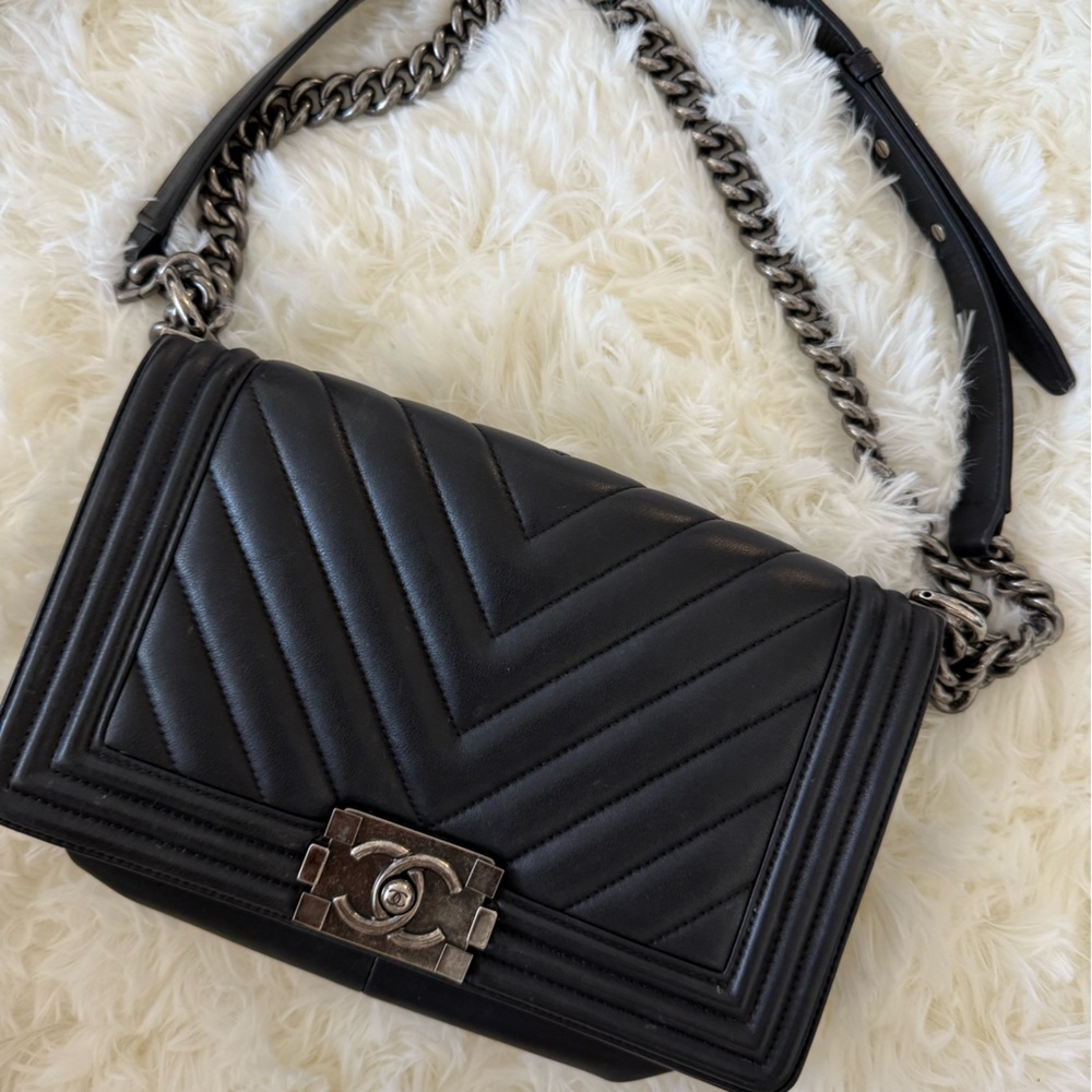Black Chanel chevron boy bag (medium)